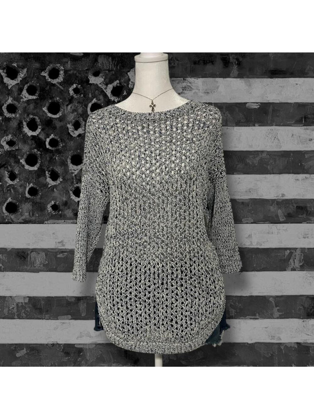 marled yarn airy crochet open-knit sweater top
